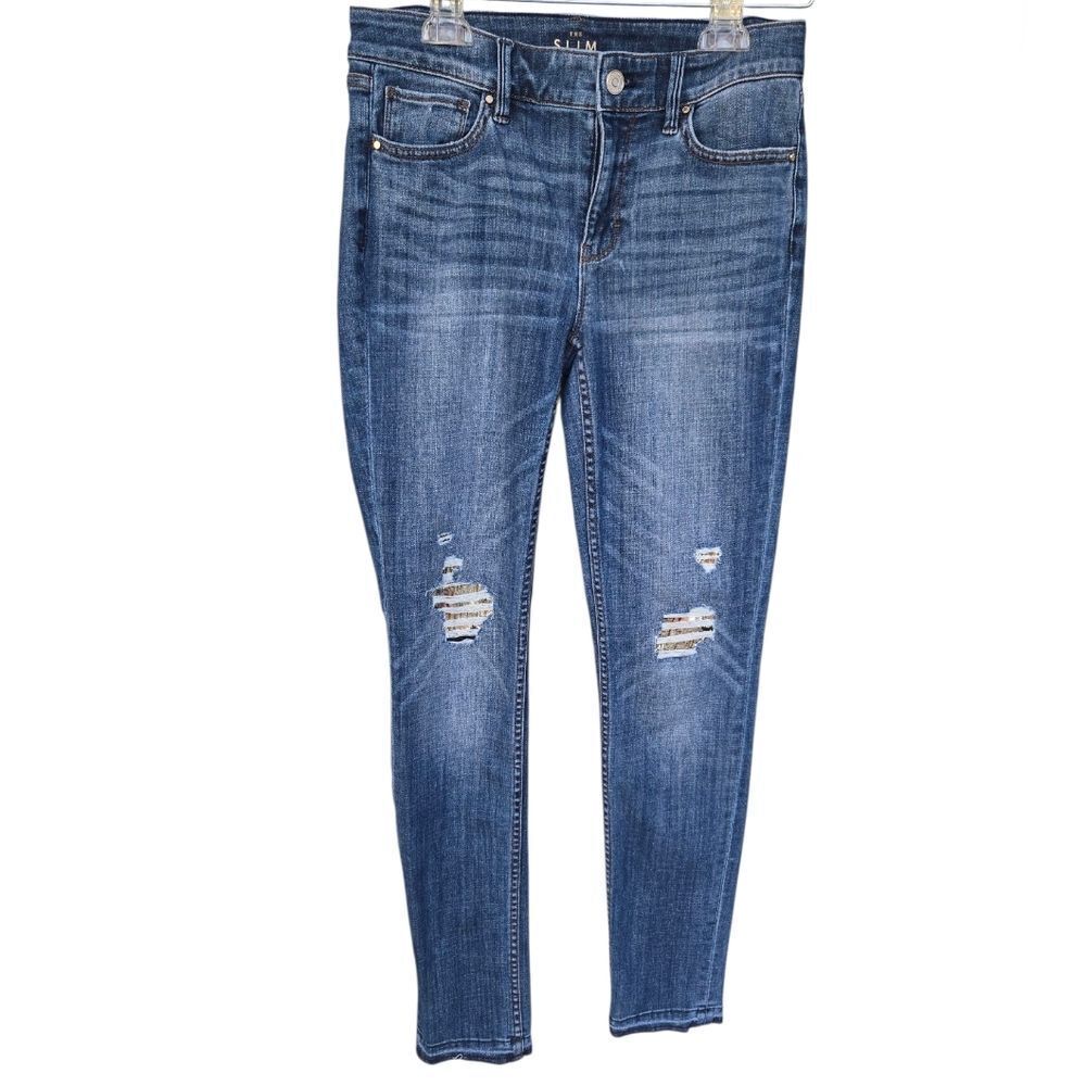 White House Black Market The Slim Mid Rise Fit Distressed Foil Peep Shimmer Sz 4 - Picture 1 of 10